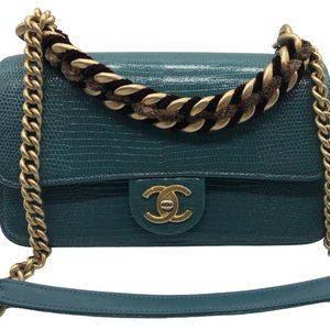 Rare EXOTIC Chanel Straight Lined Teal Lizard Mini Flap Shoulder Bag
